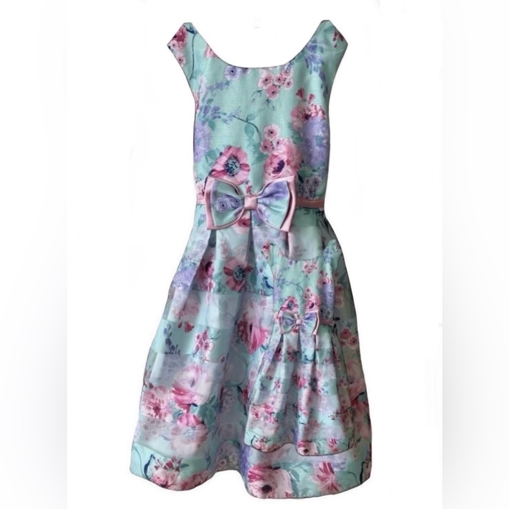 Jona Michelle Floral Sleeveless Dress with Front Waist Bow (Size 7 Girls)